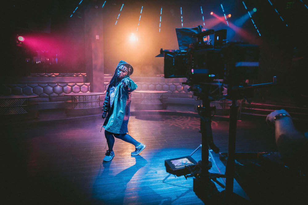 Film set with stage lighting